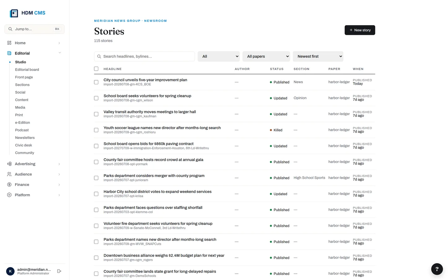 Studio — every story across every paper, one list